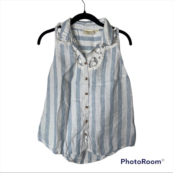 MAEVE Anthropologie Blue White Linen Lace Sleeveless Edinboro Top Small - Picture 3 of 8